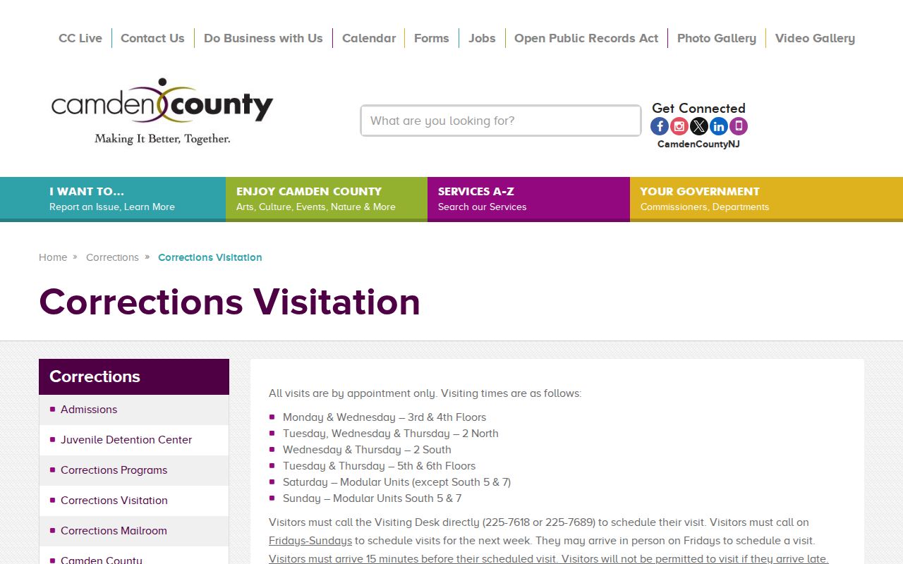 Camden County arrest booking and jail visitation information