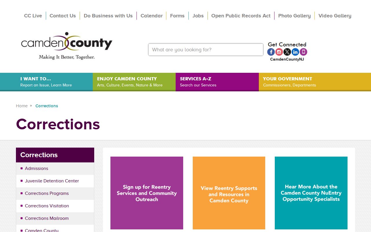 Camden County criminal history corrections and inmate status contacts