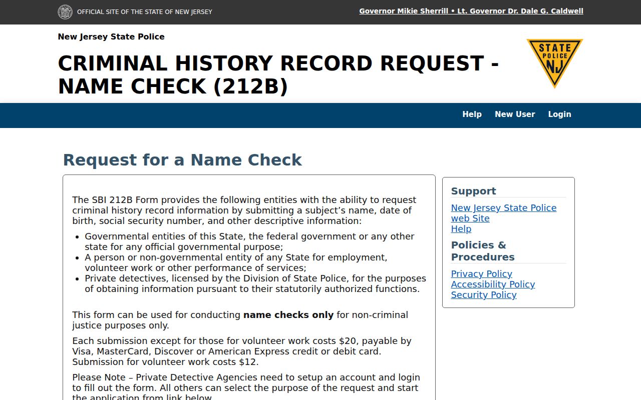 Camden County criminal history SBI 212B name check portal